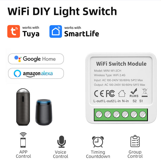 AUBESS WiFi 2 Gang Smart Mini Switch 10A*2 Work with Alexa Google Home Yandex Alice