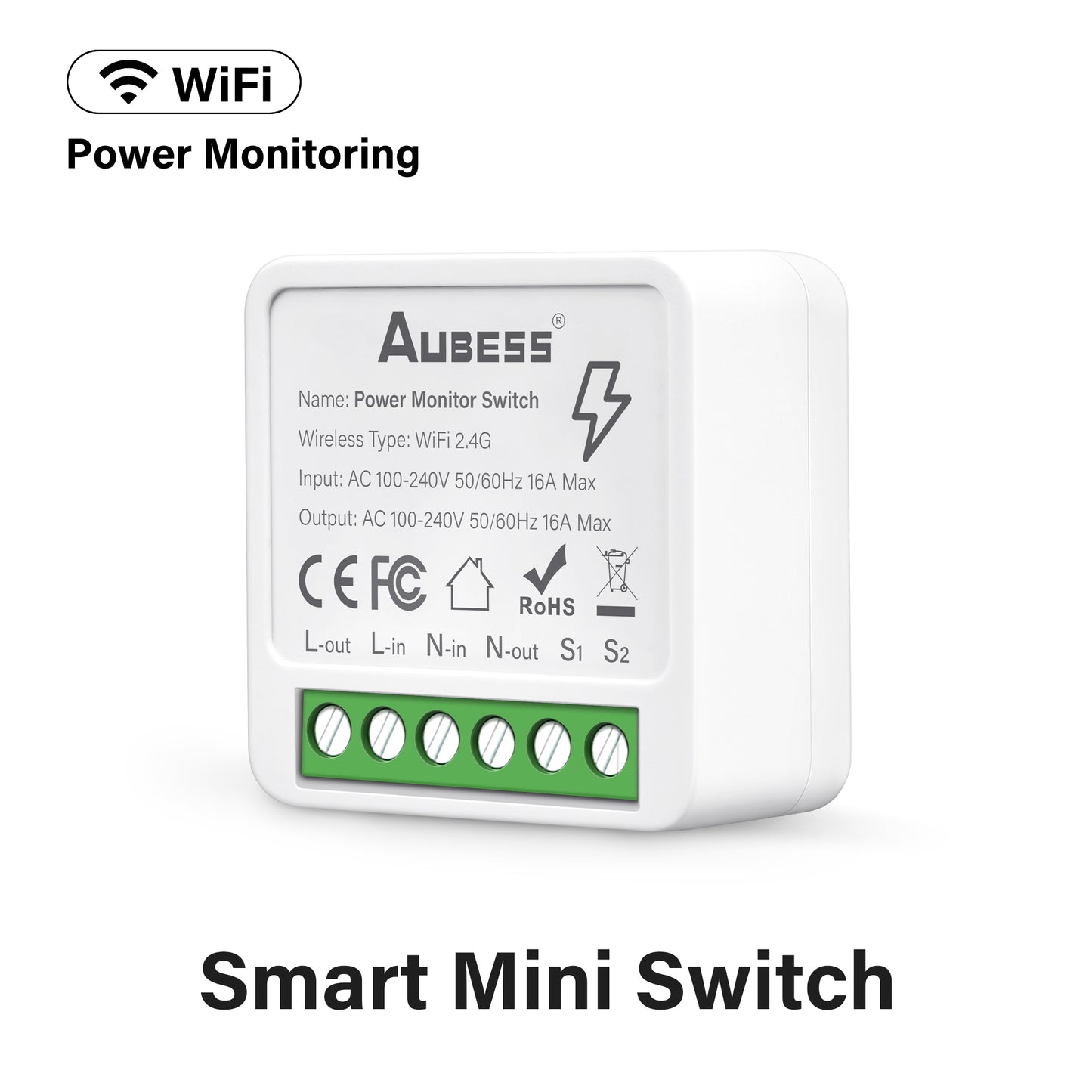 AUBESS Wifi Mini Smart Switch16A With Power Monitor  Supporte Amazon Alexa Google Home Yandex Alice
