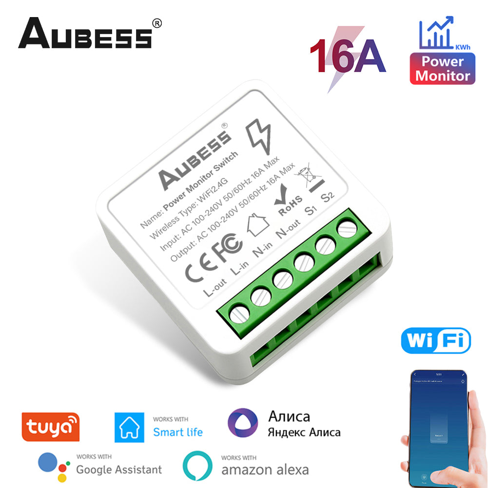 AUBESS Wifi Mini Smart Switch16A With Power Monitor  Supporte Amazon Alexa Google Home Yandex Alice