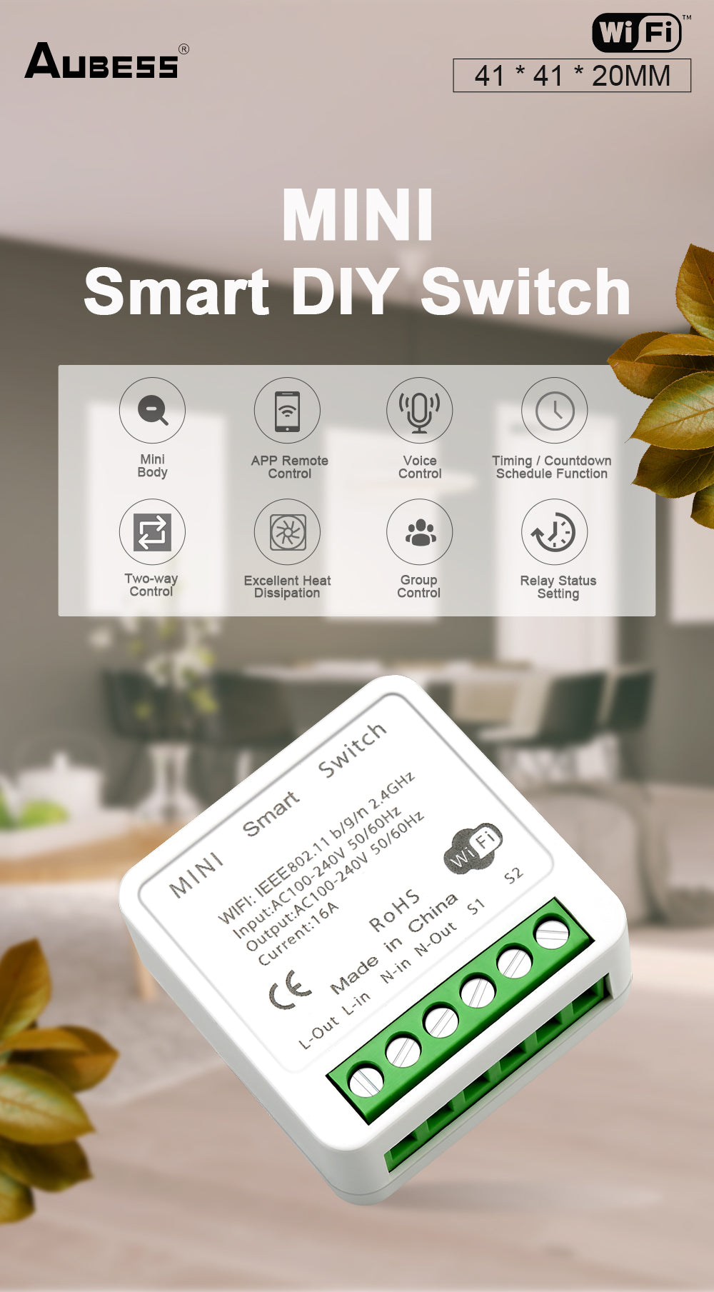 AUBESS Tuya Wifi Mini Smart Switch16A Supporte Amazon Alexa Google Home Yandex Alice