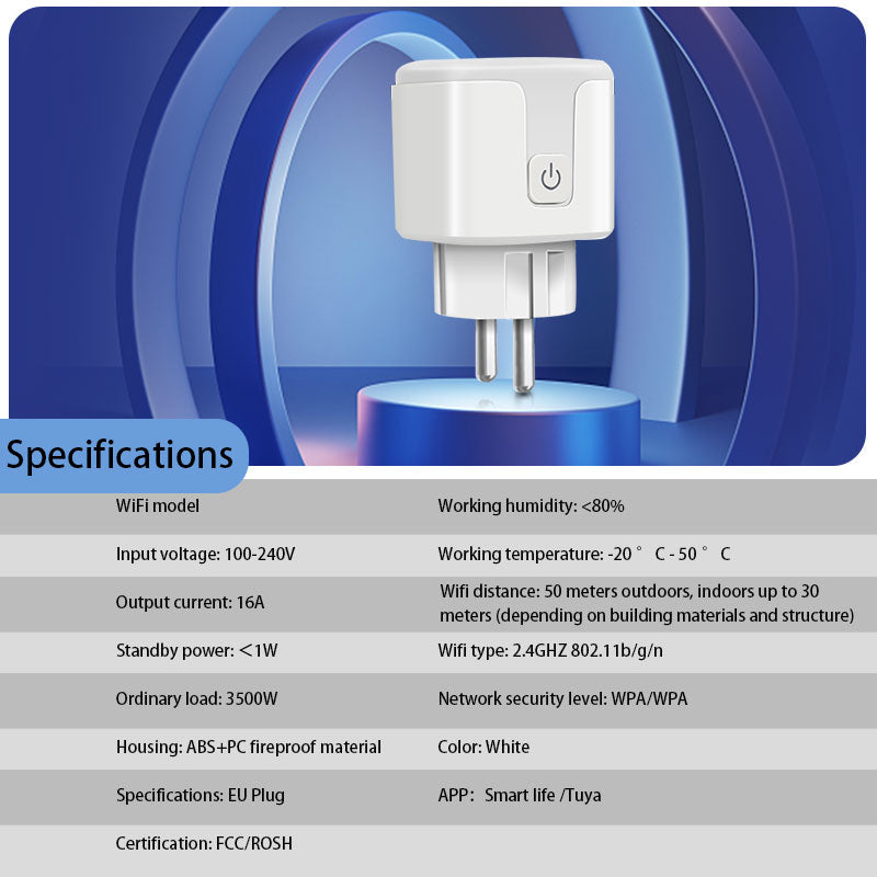 Wifi Smart Plug 20A With Power Monitor Eu Plug Smart Life Control (Blue) 