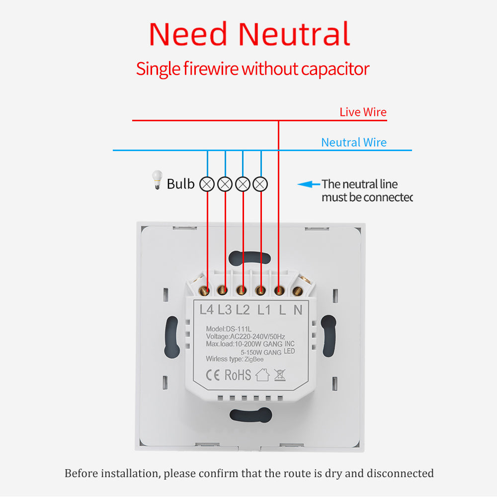 AUBESS TUYA WIFI Smart  1 / 2 / 3 / 4gang Switch | Zero fire | EU
