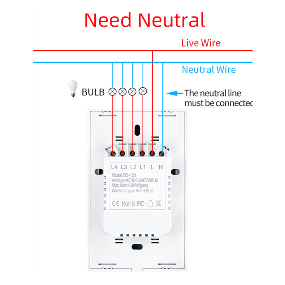 AUBESS TUYA WIFI Smart 1 / 2 / 3 / 4gang Switch | Zero Fire Requires A Neutral Line | US